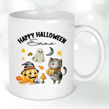 Bespoke Halloween Mug - Kids' Spooky Ghost Cat Design - With Custom Coaster - DENMARY